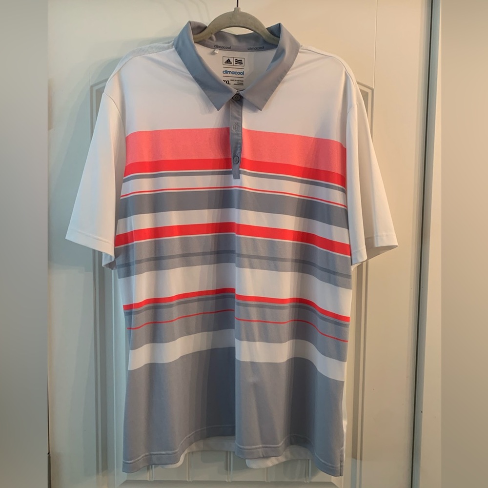 Adidas ClimaCool Polo
Mens Sz 2XL Coral/Grey Stripe
Light weight, Pre-Owned